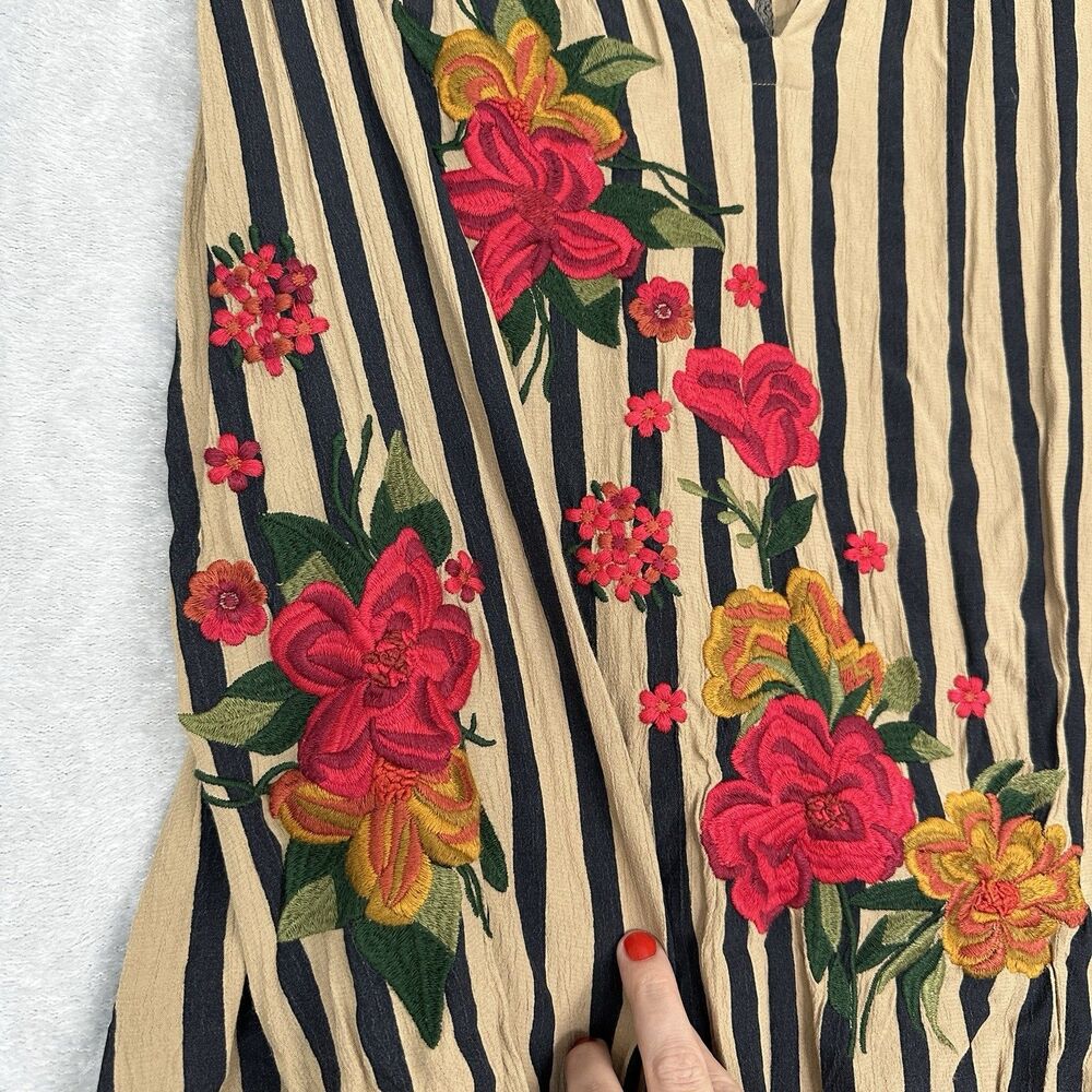 Anthropologie Akemi + Kin Manuela Blouse Womens M Black Tan Stripe Embroidered - Picture 6 of 14